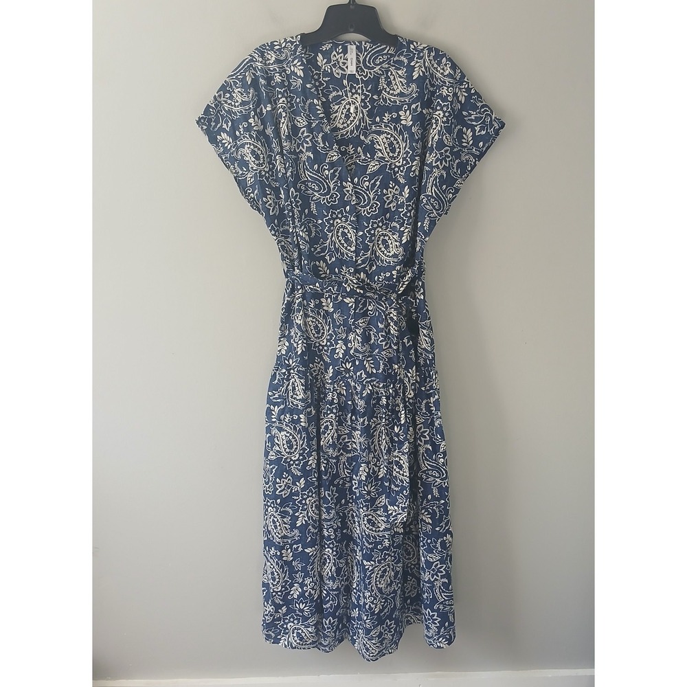 MANGO Women's Size 12 Paisley Floral Flared Midi Dress With Belt 100% Cotton